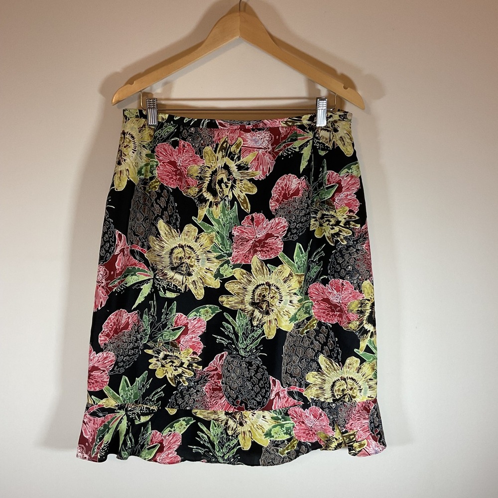 Harve Benard Silk Collection Tropical Floral Pineapple Ruffle Skirt Black 14